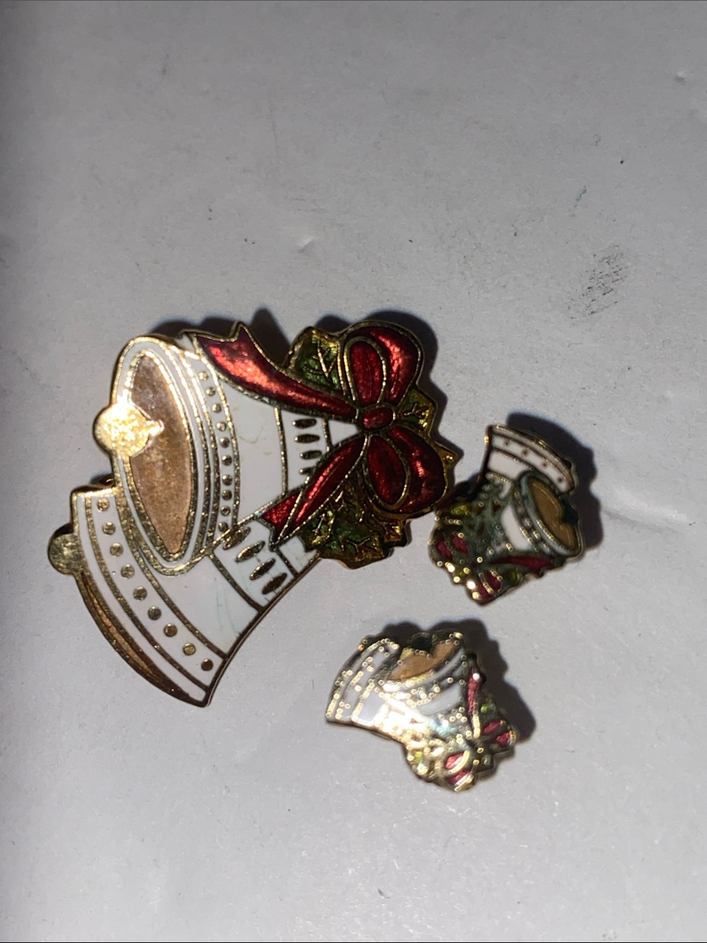 vintage enamel Christmas bell brooch and matching earring set